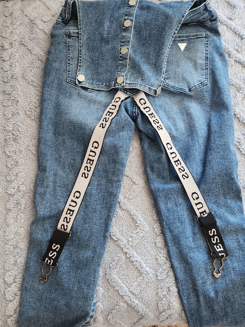 Guess Women's Straight Leg Jeans in Light Blue with Branded Suspenders